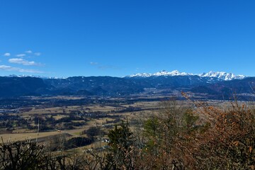 Panoramic view of Gorenjska, Slovenia with mountain Triglav in Julian alps and Jelovica plateau
