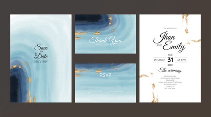wedding invitation cards, watercolor textures and fake gold splashes for a luxurious touch