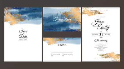 wedding invitation cards, watercolor textures and fake gold splashes for a luxurious touch