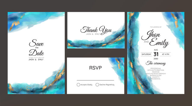 wedding invitation cards, watercolor textures and fake gold splashes for a luxurious touch