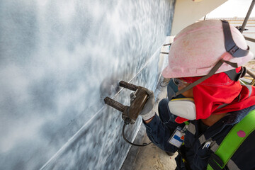 A male worker at high test steel tank butt weld  carbon shell plate of storage tank crude oil