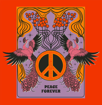 peace symbol with birds and berries, vintage poster in 70s style