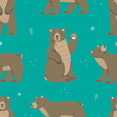 Cute brown grizzly bears seamless pattern. Vector illustration.