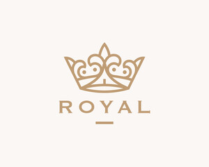 Modern royal gold crown logo. Premium luxury brand line icon. Elegant golden business symbol. Jewelry design element. Vector illustration.