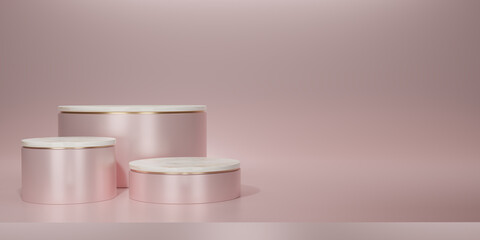 Shiny pink round pedestal or podium  with marble on top. Metallic pink or rose gold Blank display or clean room for showing product. Minimalist mockup for podium display or showcase. 3D rendering.