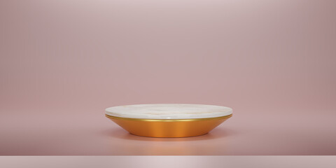Shiny gold with white marble round pedestal or podium in studio backdrops. Blank display or clean room for showing product. Copy space. Minimalist mockup for podium display or showcase. 3D rendering.