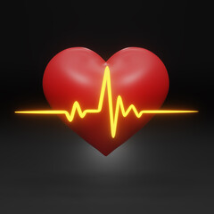 3D render red heart with yellow pulse line icon for design. Heart pulse. Heartbeat lone, cardiogram. Healthy lifestyle, cardiac assistance, pulse beat measure, medical healthcare concept.3d rendering.