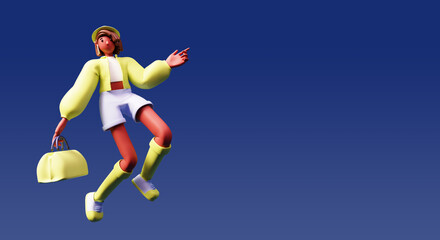 3D Modern Young Girl Holding Carry Bag In Jump Pose And Copy Space On Blue Background.