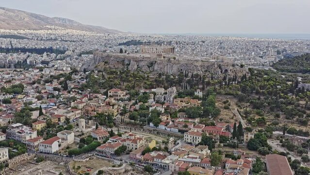 Athens Greece Aerial v7 panoramic drone fly around monastiraki neighborhood capturing downtown cityscape and distance ancient acropolis and areopagus hill historic supreme high court - September 2021