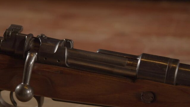 Macro dolly in of closed bolt of Mauser Kar98 rifle