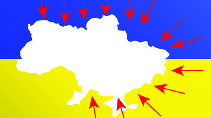 Vector illustration military invasion of Ukraine.Stylized Ukraine flag. 
