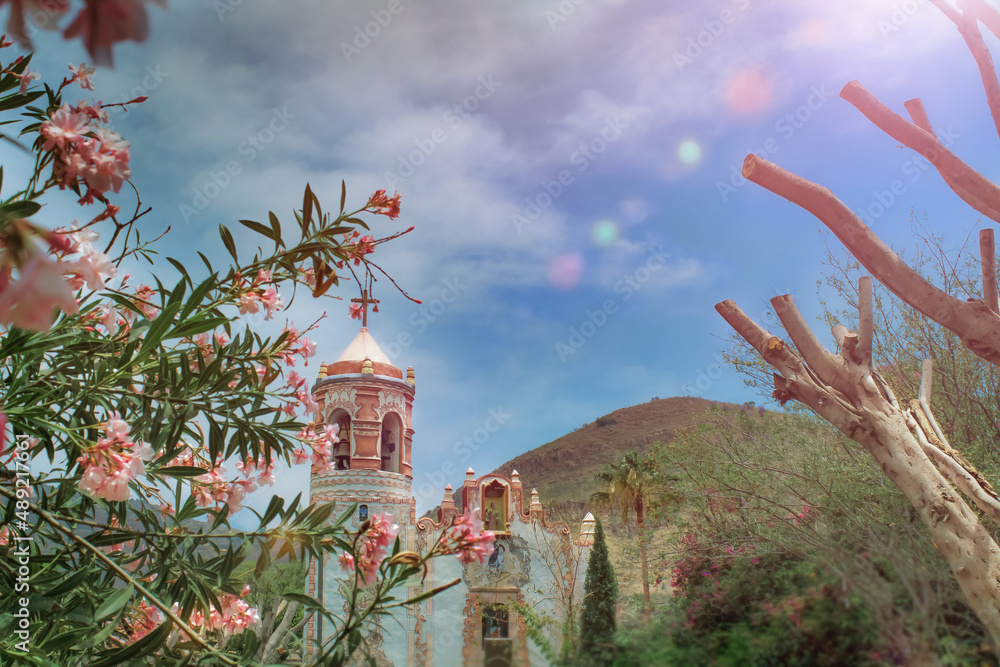 Wall mural scenic view of a church through the leaves of the pink flowers and branches of trees under sunlight