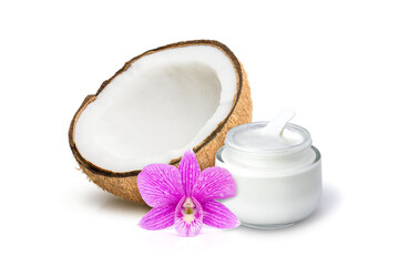 Coconut cream in glass jar with fresh coconut fruit with orchid flower isolated on white background.