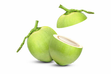Fresh green coconut and coconut juice isolated on white background.