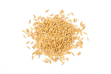 Pile of paddy rice (unmilled rice) isolated on white background. Top view. Flat lay.