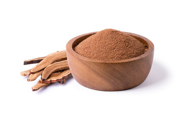 Dried Ganioderma Lucidum mushroom (Ling Zhi, Lingzhi, Reishi) powder in wooden bowl  isolated on...