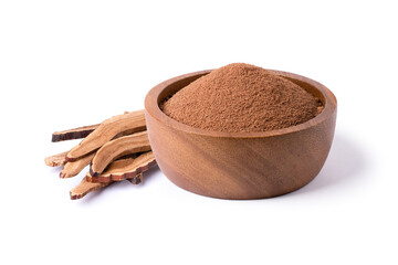 Dried Ganioderma Lucidum mushroom (Ling Zhi, Lingzhi, Reishi) powder in wooden bowl  isolated on white background.
