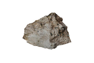 Fototapeta premium Cut out a raw specimen stone of Tuff igneous rock isolated on white background. Tuff is a type of rock made of volcanic ash ejected from a vent during a volcanic eruption.