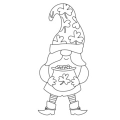 St. Patrick's Day funny gnome with pot of gold coins. Vector doodle illustration isolated on white. Hand drawn black outline. Great for greeting cards, coloring book. Male character.