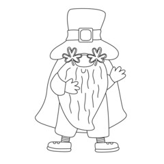 St. Patrick's Day funny gnome with clover shaped glasses. Vector doodle illustration isolated on white. Hand drawn black outline. Great for greeting cards, coloring book. Male character