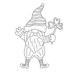 St. Patrick's Day funny gnome with clover. Vector doodle illustration isolated on white. Hand drawn black outline. Great for greeting cards, coloring book. Male character.