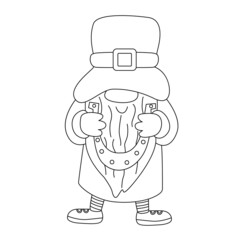  St. Patrick's Day funny gnome with horseshoe for good luck. Vector doodle illustration isolated on white. Hand drawn black outline. Great for greeting cards, coloring book. Male character