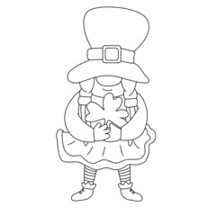 St. Patrick's Day funny gnome with clover. Vector doodle illustration isolated on white.  Hand drawn black outline. Great for greeting cards, pub invitations, posters, t-shirts design.