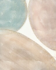 Abstract contemporary art background with beige and light pastel green spots and and gold glitter 