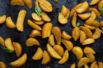 Roasted potatoes wedges on baking tray food overhead view