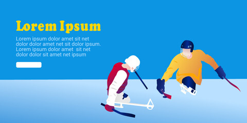 UI design template of two abstract people playing hockey. Vector graphic illustration. Para ice hockey