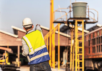 Engineer under inspection and checking construction process railway locomotive repair plant, Engineer man in waistcoats and hardhats and with documents in a railway depot