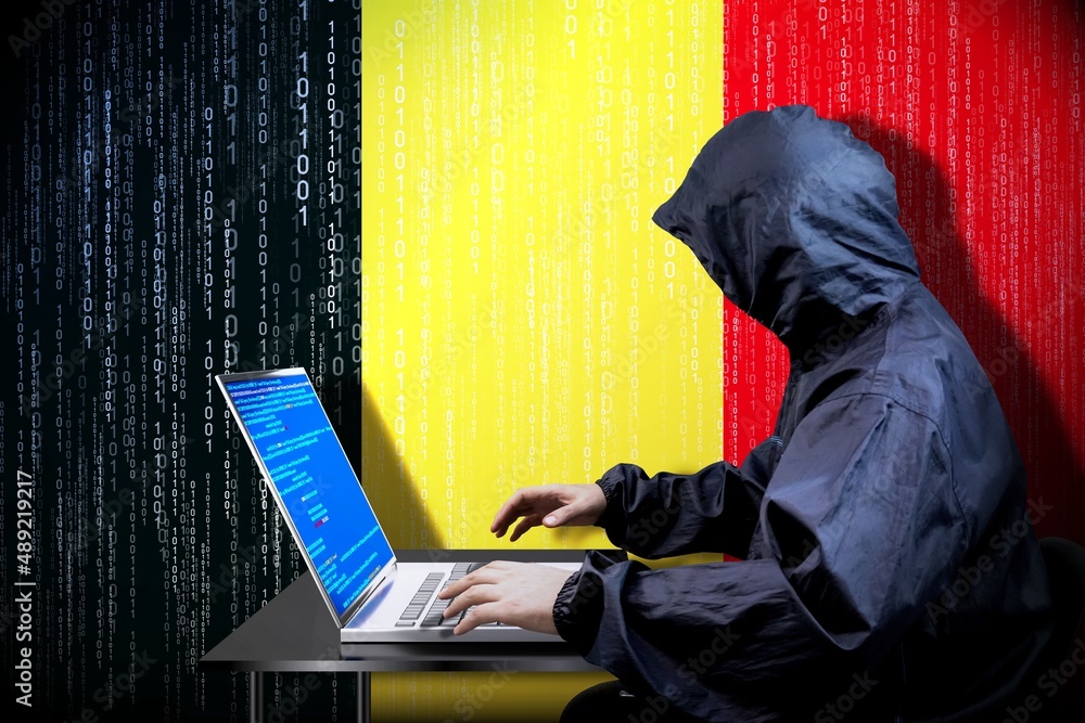 Poster anonymous hooded hacker, flag of belgium, binary code - cyber attack concept