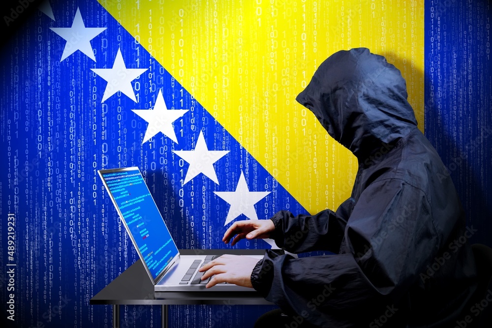 Poster anonymous hooded hacker, flag of bosnia and herzegovina binary code - cyber attack concept