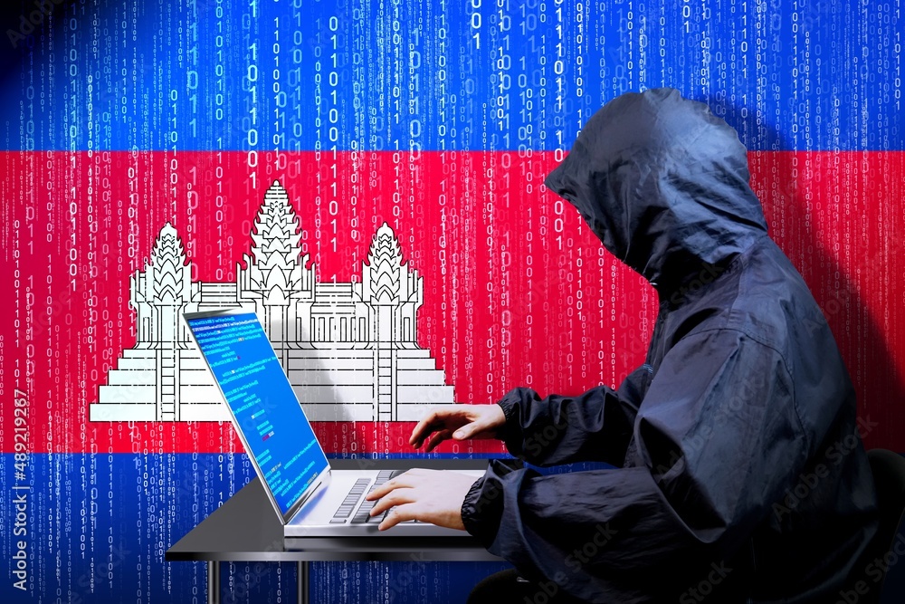 Poster anonymous hooded hacker, flag of cambodia, binary code - cyber attack concept