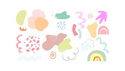 A set of decorative painted elements of modern flat design. Squiggles, lines, spots, wavy lines, dots, circles, shapes. A set for the design of works.