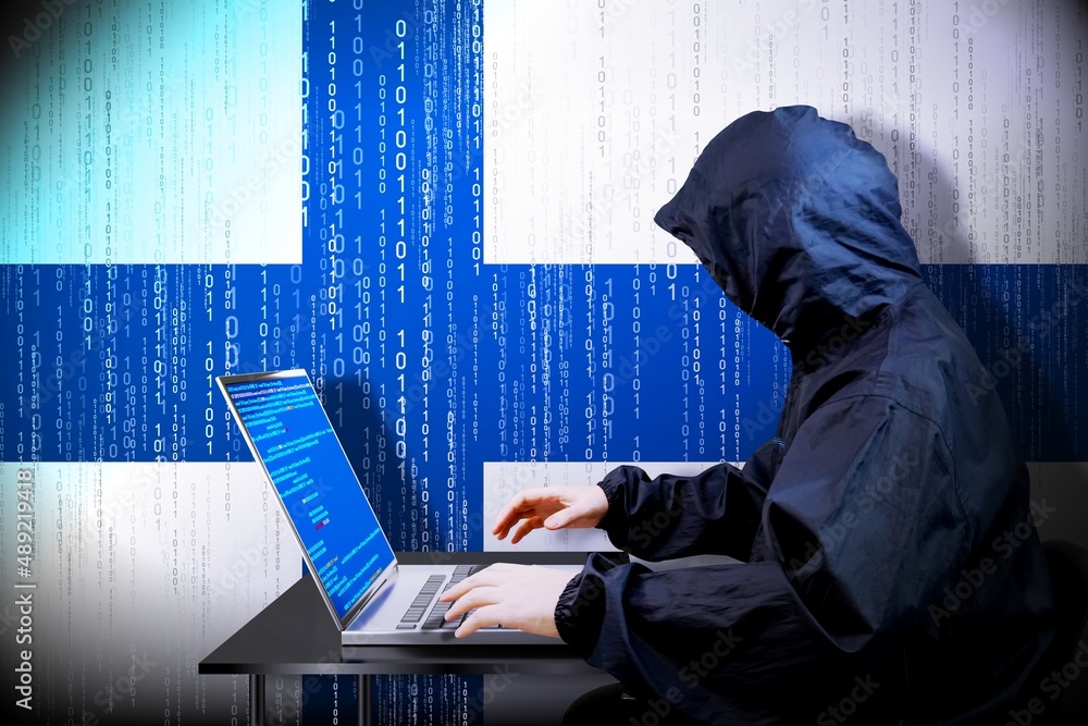Poster anonymous hooded hacker, flag of finland, binary code - cyber attack concept