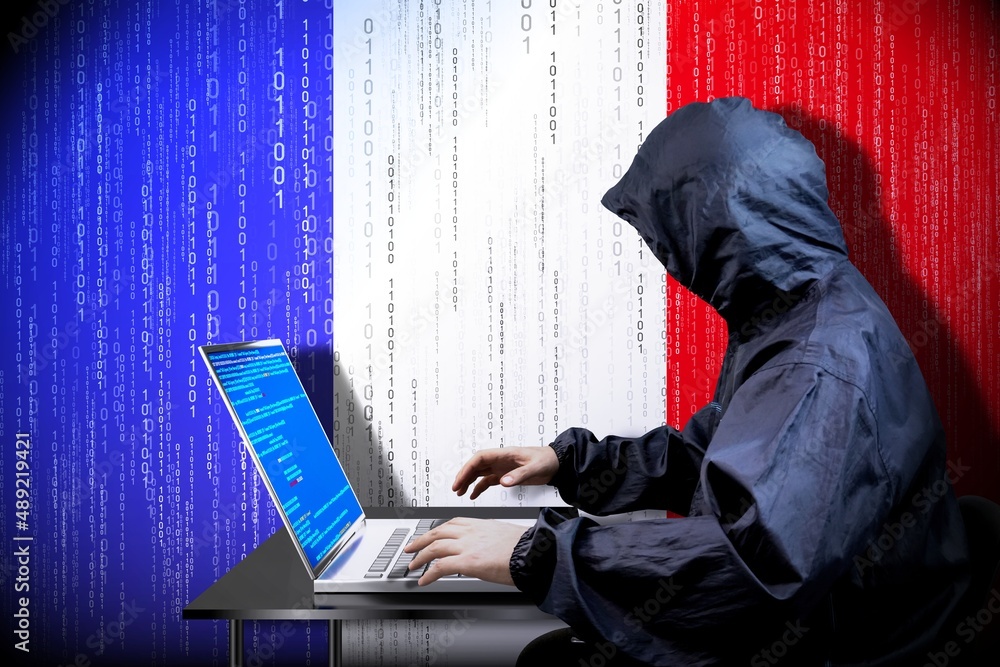 Poster anonymous hooded hacker, flag of france, binary code - cyber attack concept