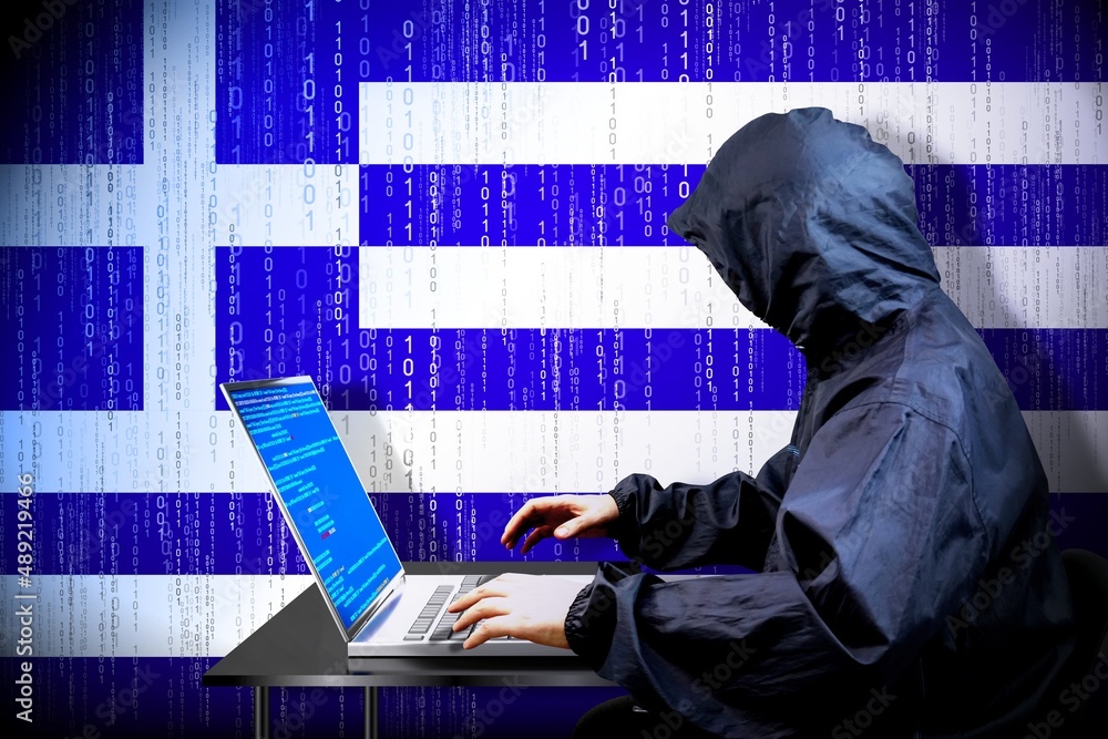 Poster anonymous hooded hacker, flag of greece, binary code - cyber attack concept