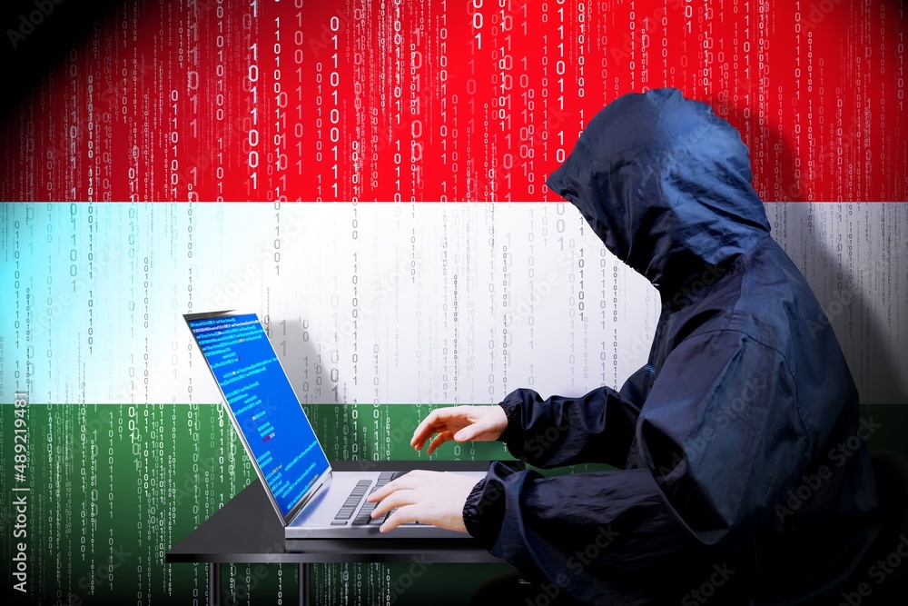 Poster anonymous hooded hacker, flag of hungary, binary code - cyber attack concept