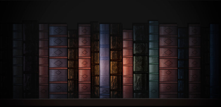 Old rusted books in a library shelf
