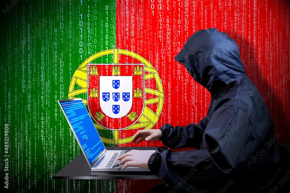 Poster anonymous hooded hacker, flag of portugal, binary code - cyber attack concept