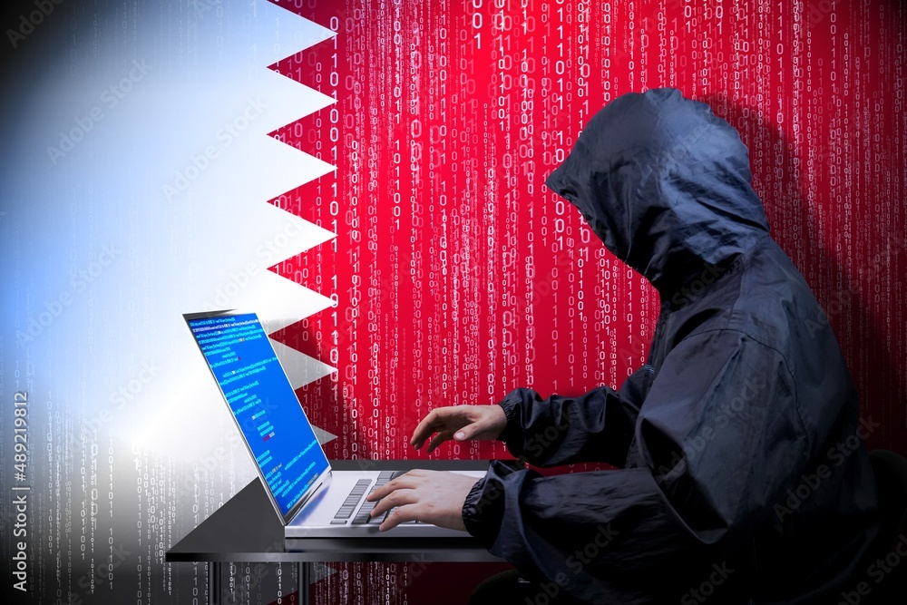 Poster anonymous hooded hacker, flag of qatar, binary code - cyber attack concept