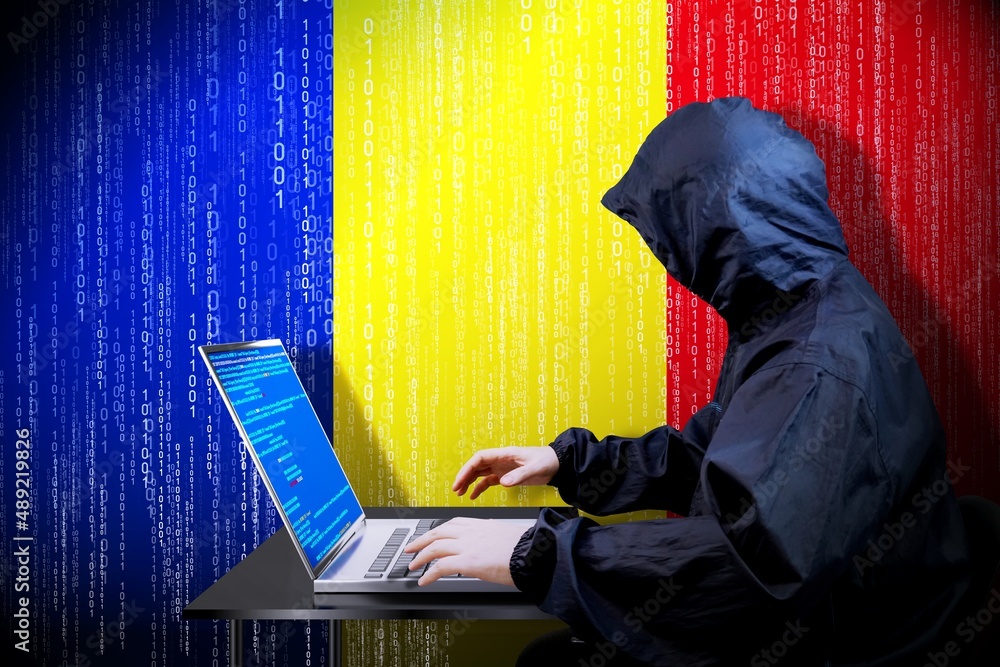 Poster anonymous hooded hacker, flag of romania, binary code - cyber attack concept