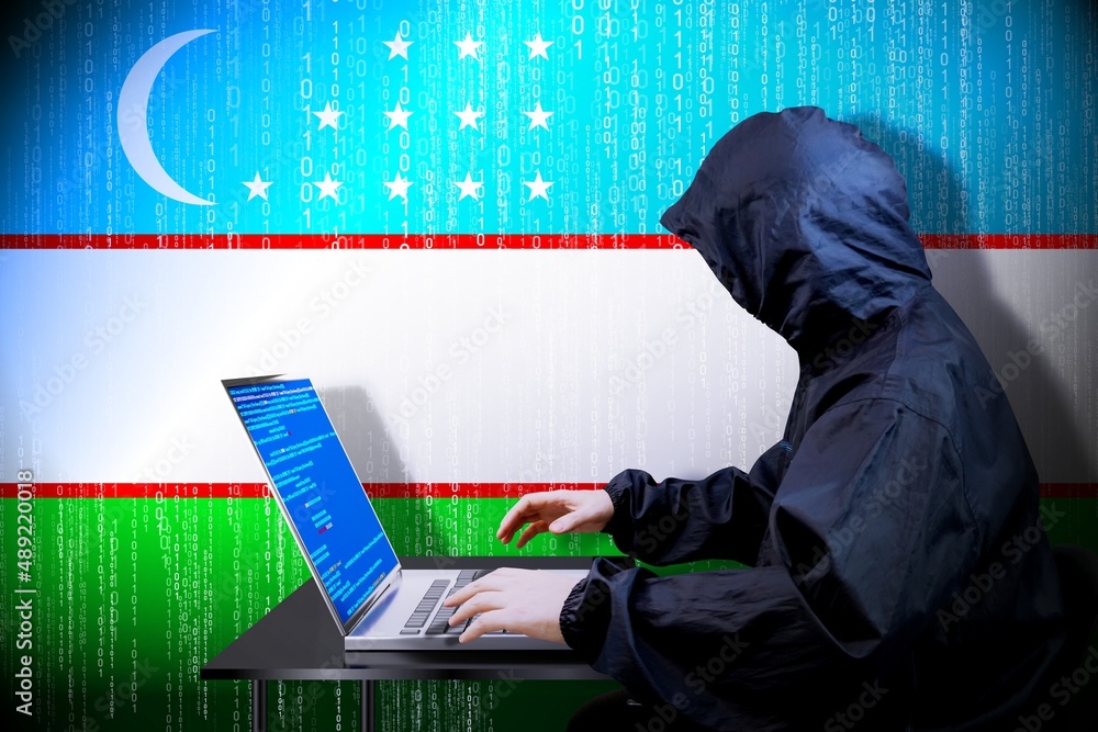 Poster anonymous hooded hacker, flag of uzbekistan, binary code - cyber attack concept