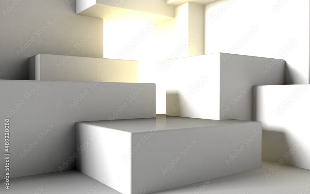 Poster abstract architectural background with cube construction or stage and light beam inside. 3d illustra