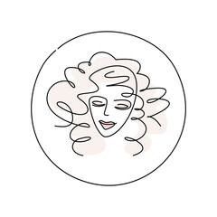 girl face - round logo. beauty salon icon. hairstyle, makeup - one line vector illustration. minimalism