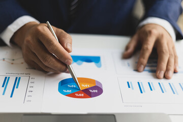 Businessman pointing to a profitability pie chart performance analysis with financial data and market growth report graph.