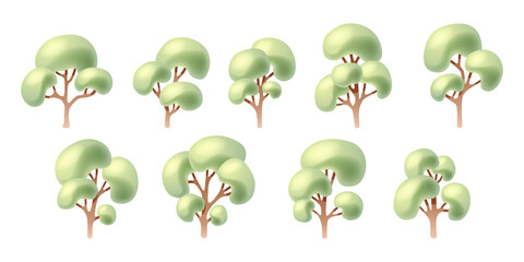 Collection of green deciduous trees in cartoon style. White isolated background