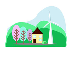 Fototapeta premium A house surrounded by nature with turbines to generate electricity, mountains and trees of various colors