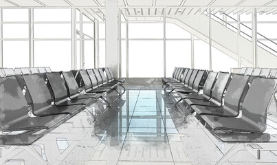 Illustration Art of Rows of black chairs at airport